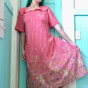 Vintage Pink Floral 1980s Shoulder Pads Maxi Dress